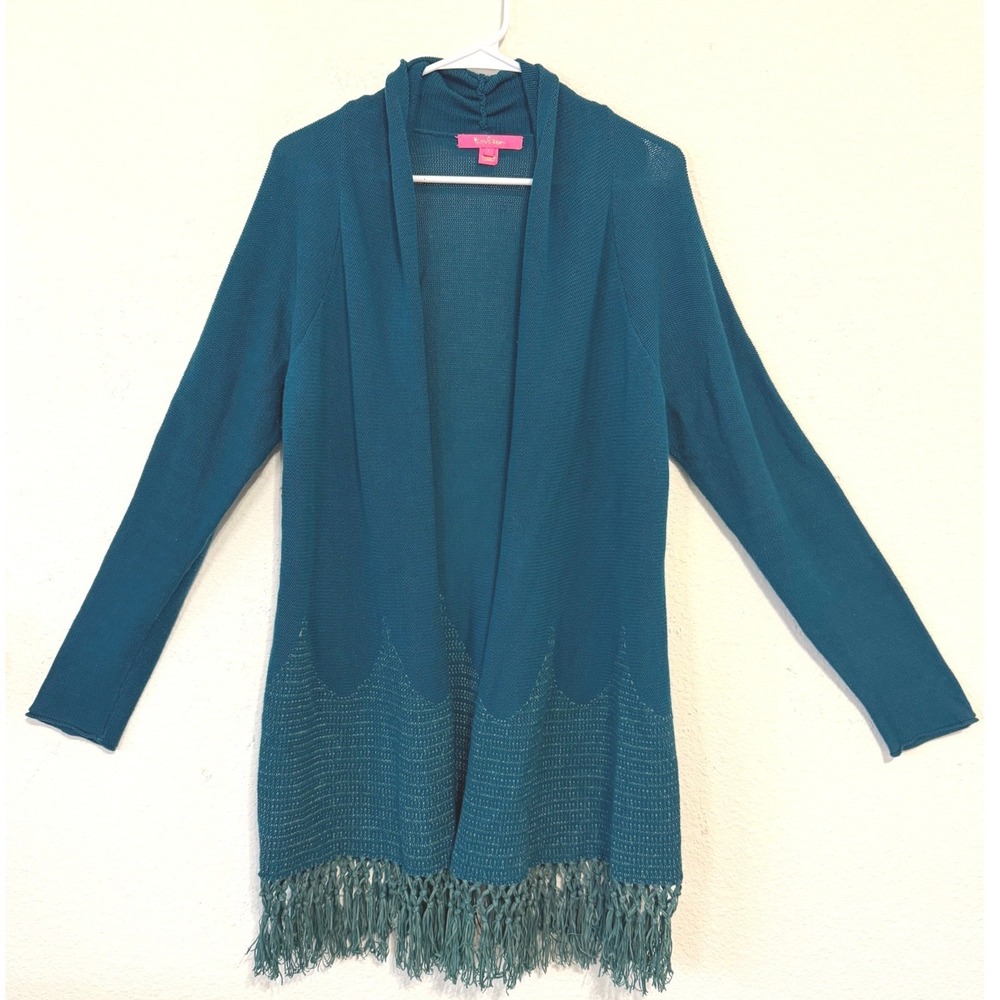 Lilly Pulitzer Teal Open Front Fringe Cardigan Sweater‎ L Boho Coast
